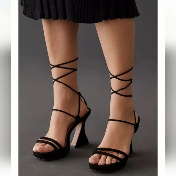 Anthropologie Vicenza Strappy Lace Up Platform Heels Sandals Black Size 38 US 7 - Picture 2 of 11